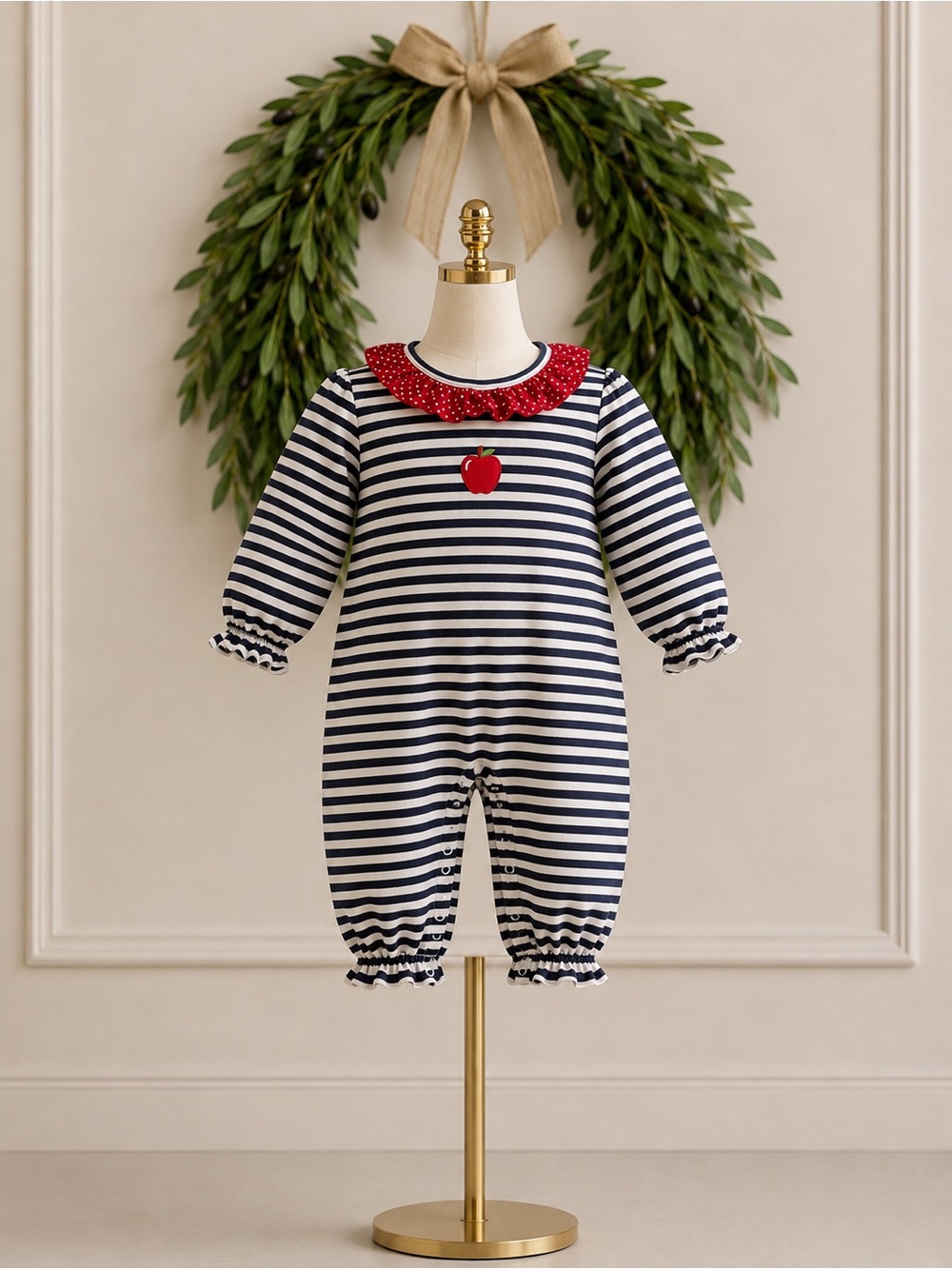 Zuccini 100% Cotton Navy Blue White Red Apple 🍎 Romper Ruffles